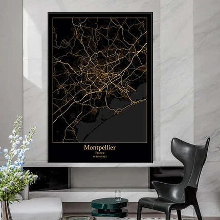 Monpeljė (Prancūzija Juodojo Aukso Miesto Šviesos Žemėlapis Individualų Pasaulio Miesto Žemėlapį Plakatas Drobė Spausdinti Šiaurės Šalių Sienos Menininko Namų Puošybai