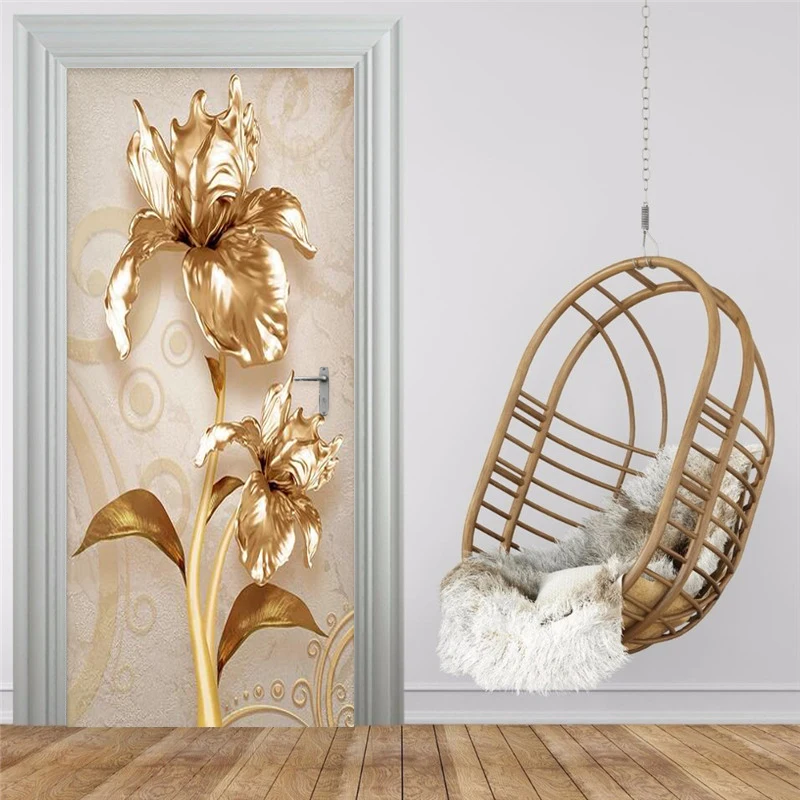 PVC Lipnios Vandeniui Durų Lipdukas Tapetai, 3D Prabanga Golden Flower Freskomis Europos Stiliaus Kambarį, Namų Dekoro Lipduko