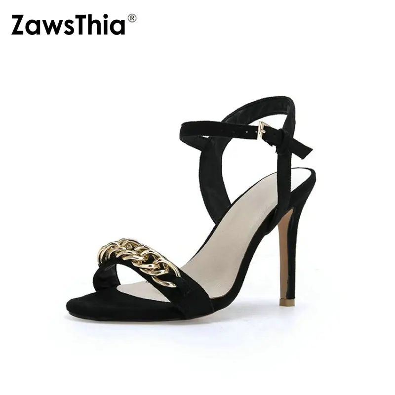 ZawsThia 2020 m. vasarą atidaryti tne dirželio sagtis moteris batai plonas aukštakulnius moterys sandalai su metalo grandinės apdaila didelis dydis 33-45