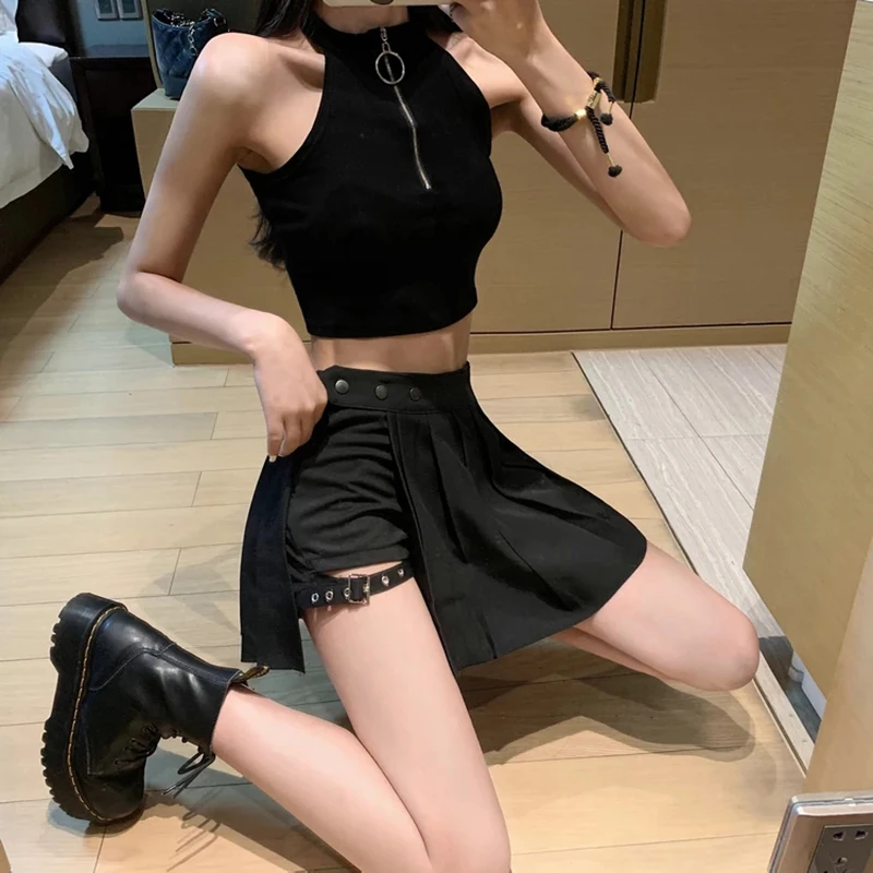 Seksualus Gotikos Moterų Mini Sijonas Aukštu Juosmeniu Plisuotos Punk Juoda Vasaros Sijonai Mergaitės sijonas 2020 Prašmatnus Nereguliarus Streetwear sijonas su