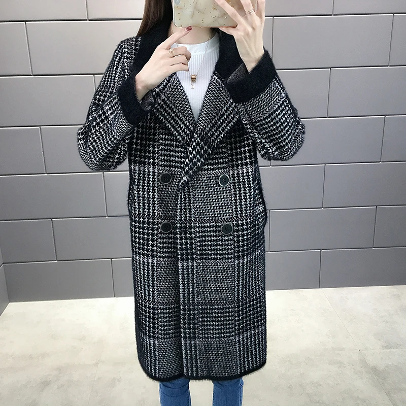 Mados Korėjos Stiliaus Ilgas Vilnos Paltai Moterims Streetwear Pledas Plius Dydis Outwear 2019 Naujų Rudens Ponios Turndown Apykaklės Vilnoniai Paltai