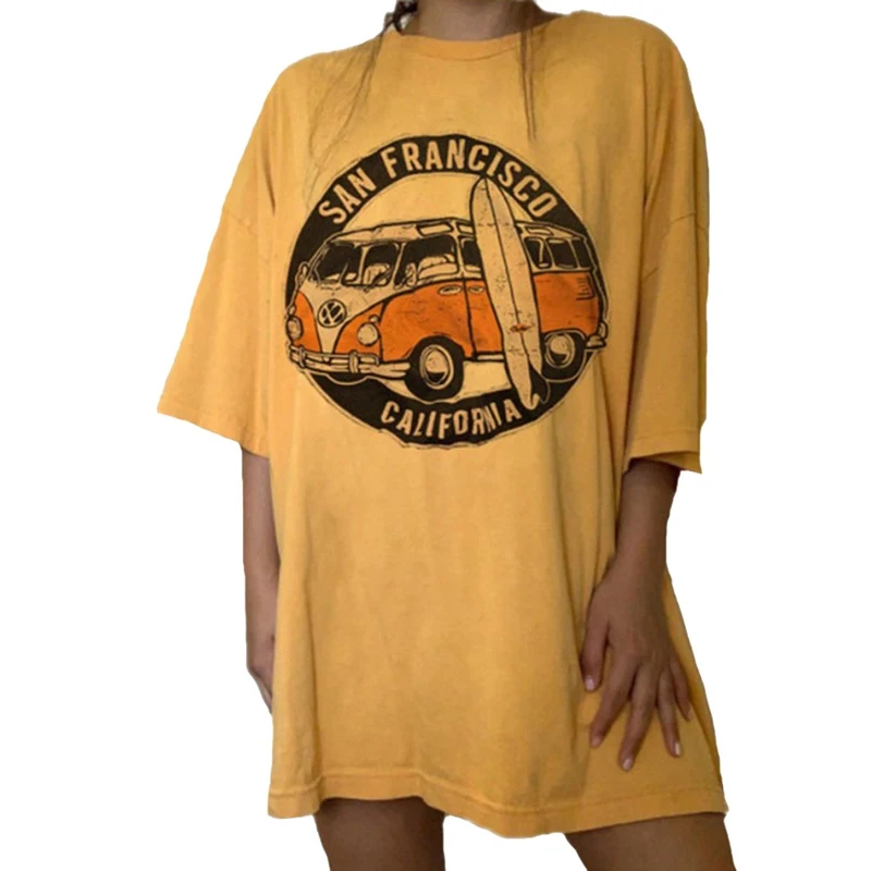 90-ųjų Derliaus Geltona Automobilio Atspausdintas T-Shirt Atsitiktinis Apvalios Kaklo trumpomis Rankovėmis Atspausdintas Puloveris moteriški Marškinėliai Camisetas Mujer 2020 m.