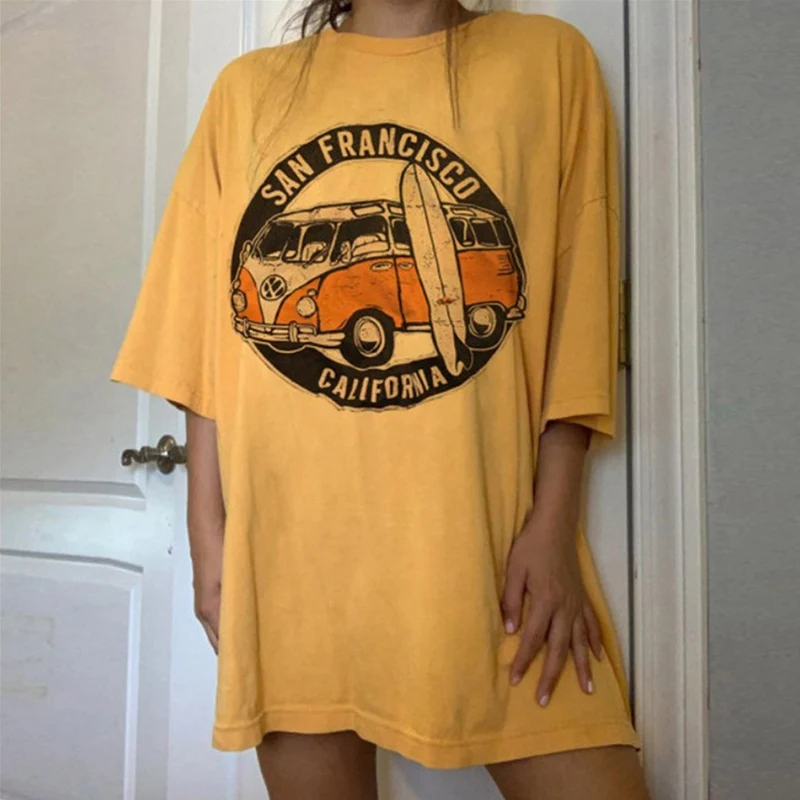 90-ųjų Derliaus Geltona Automobilio Atspausdintas T-Shirt Atsitiktinis Apvalios Kaklo trumpomis Rankovėmis Atspausdintas Puloveris moteriški Marškinėliai Camisetas Mujer 2020 m.