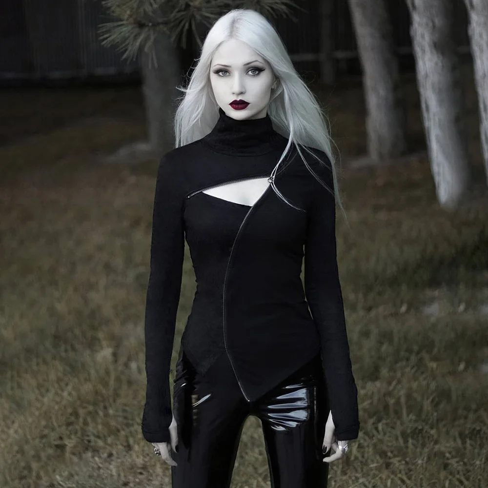 Gothic Black Tuščiaviduriai Iš Slim Long Sleeve T-shirt Moterims, Atsitiktinis Užtrauktukas Atidaryti Golfo Techwear Tees