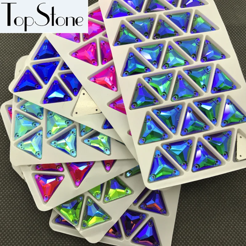 TopStone Spalvų AB Trikampis Siūti Ant Stiklo Kristalų, Cirkonio Flatback su skylėmis 12mm 16mm Siuvimo Papuošalai