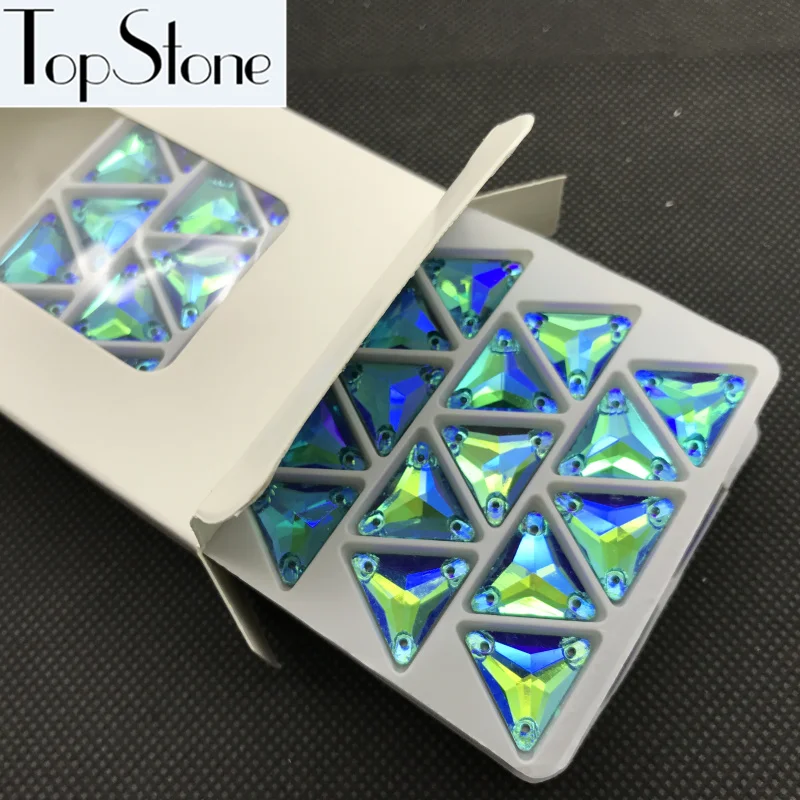 TopStone Spalvų AB Trikampis Siūti Ant Stiklo Kristalų, Cirkonio Flatback su skylėmis 12mm 16mm Siuvimo Papuošalai