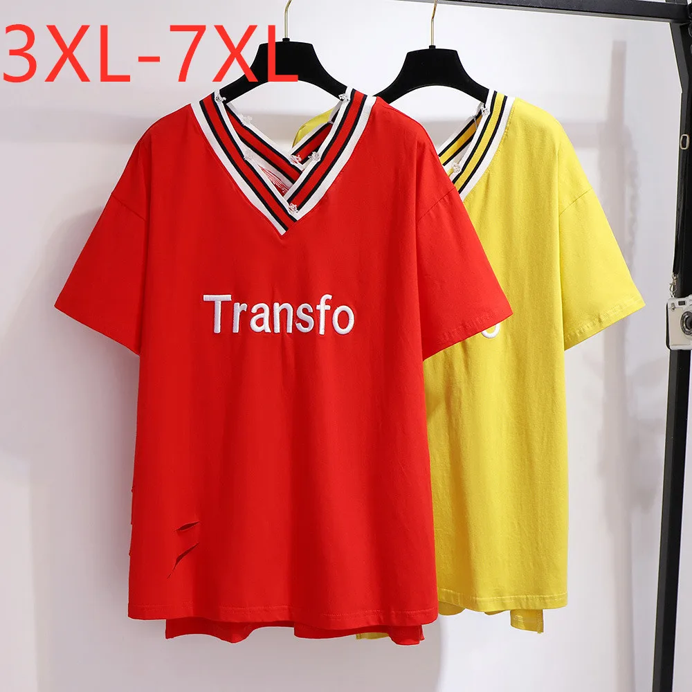 Naujas 2021 m. vasarą plius dydis viršūnes moterų dideli laisvi trumpas rankovės laišką medvilnės V-kaklo marškinėliai raudona geltona 3XL 4XL 5XL 6XL 7XL
