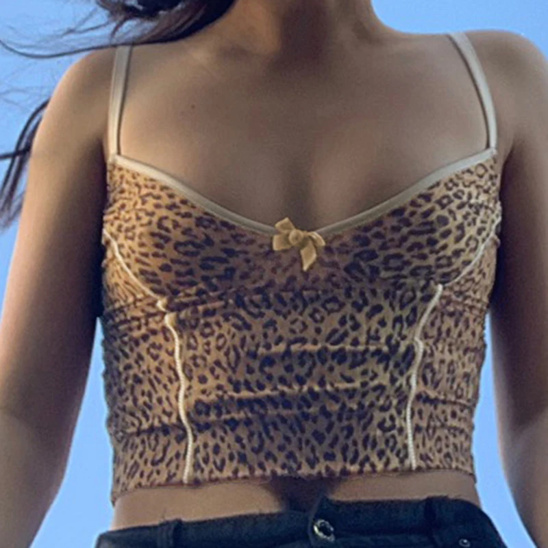 Derliaus Leopardas Spausdinti Spageti Y2k Moterų Camis Plonu Dirželiai 2020 M Sexy Backless Berankovis Vasaros Bakas Wrap Pasėlių Viršų Moteriška