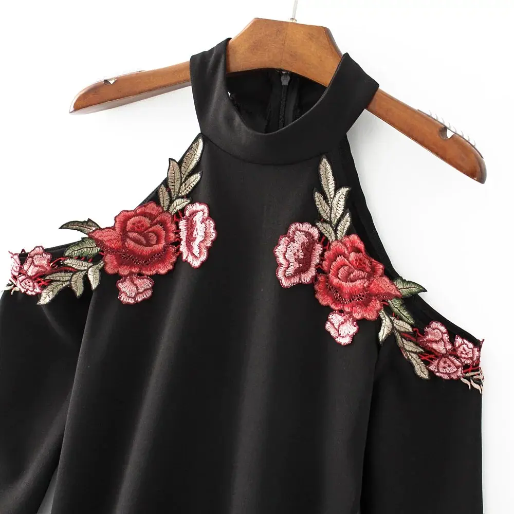 Lanbaiyijia Naujas Moterų Suknelė Siuvinėjimo Raudonos Gėlės Apynasrio Peties Off Slim paketo klubo Seksuali suknelė atgal zip juoda šalis suknelė