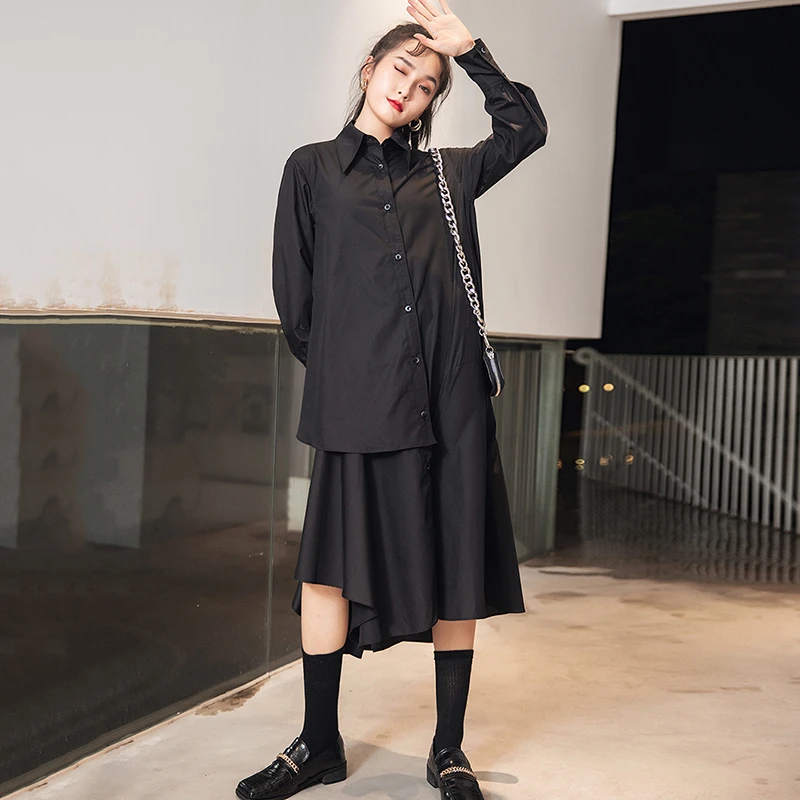 LANMREM 2021 m. rudens mados nauja juoda gatvės drabužiai asimetrinė turn-žemyn apykaklės vidurio blauzdos ilgis marškinėliai stiliaus moterų suknelė 2A649
