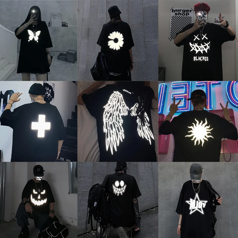 Korėjos Trumpas Rankovės Laisvi Marškinėliai Moterims Kpop Atspindinti Spausdinti Black Drabužių Streetwear Punk Derliaus Gotikos Y2K Dropshipping