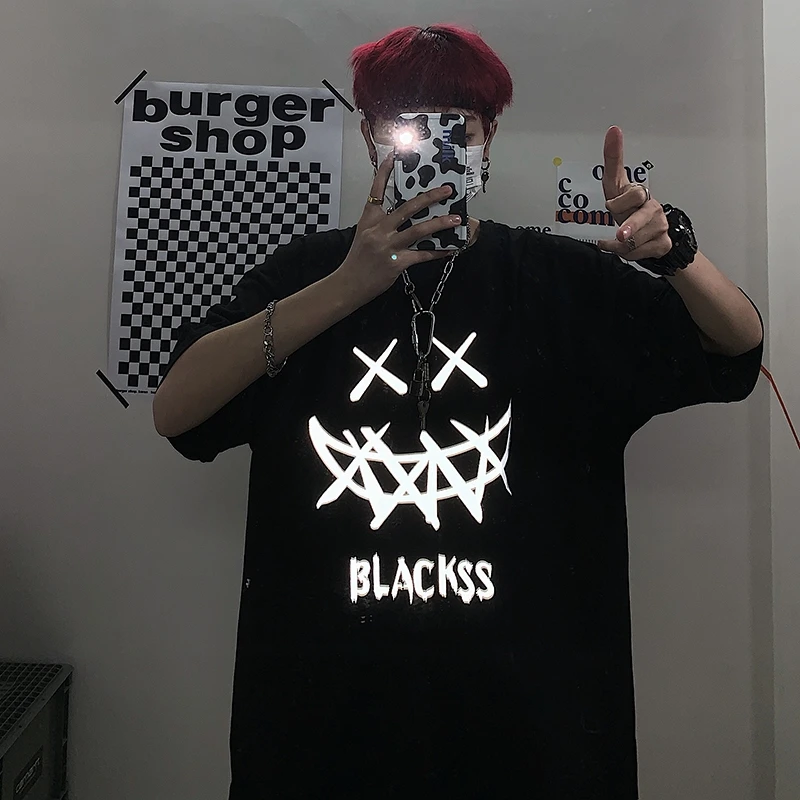 Korėjos Trumpas Rankovės Laisvi Marškinėliai Moterims Kpop Atspindinti Spausdinti Black Drabužių Streetwear Punk Derliaus Gotikos Y2K Dropshipping