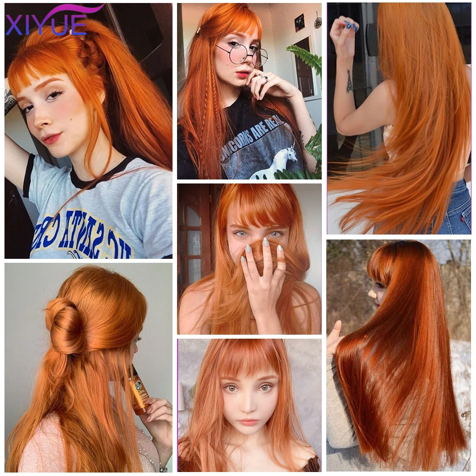 XIYUE PLAUKAI Tiesūs, Perukai Moterims, Perukas Malaizijos Tiesiai Nėrinių Uždarymo Perukai Ilgi Tiesūs Oranžinės spalvos plaukai su kirpčiukais