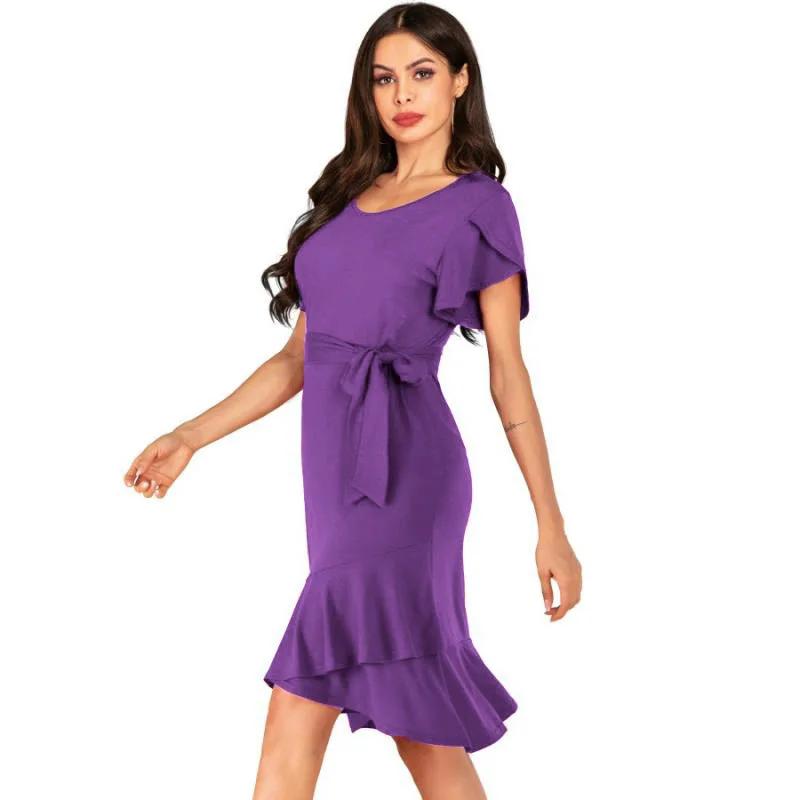 2020 m. Europos ir Amerikos moterų vientisos spalvos elegantiškas atsitiktinis trumparankoviai diržo vidutinio ilgio suknelė 1294