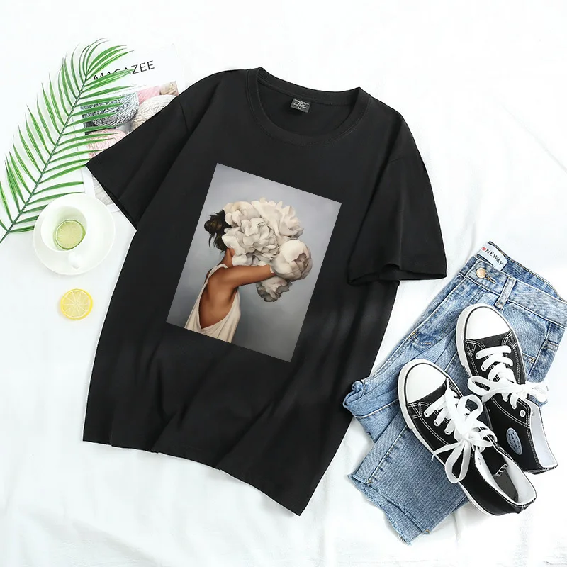 2020 Mados Medvilnės Moterų Marškinėliai Atsitiktinis Estetika Gėlių, Plunksnų Atspausdintas Trumpas Rankovės Vasaros Tees Camisetas Mujer WX222