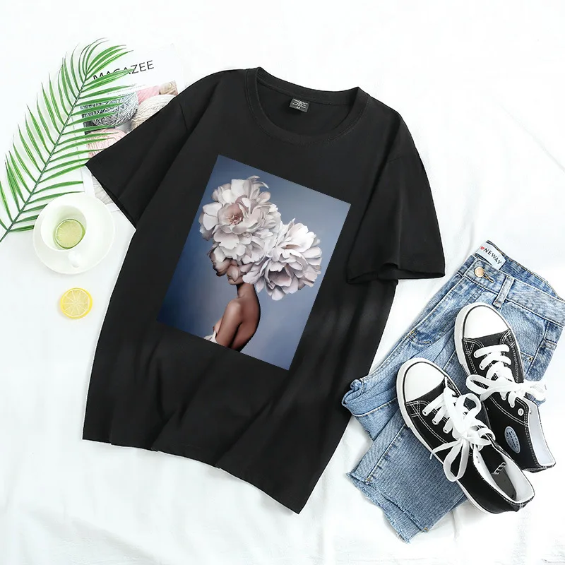 2020 Mados Medvilnės Moterų Marškinėliai Atsitiktinis Estetika Gėlių, Plunksnų Atspausdintas Trumpas Rankovės Vasaros Tees Camisetas Mujer WX222