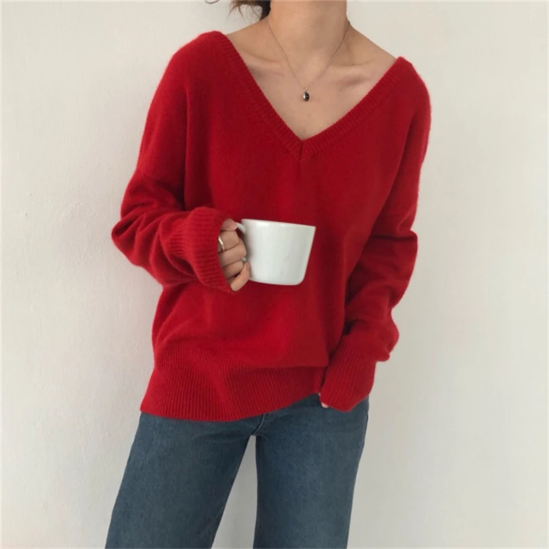 Rudenį, žiemą moterų megztinis mezgimo megztinis prarasti sexy raudona minimalistinio V-Kaklo stebėjimo elegantiškas atsitiktinis ilgomis rankovėmis marškinėliai, topai