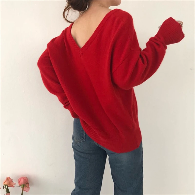 Rudenį, žiemą moterų megztinis mezgimo megztinis prarasti sexy raudona minimalistinio V-Kaklo stebėjimo elegantiškas atsitiktinis ilgomis rankovėmis marškinėliai, topai