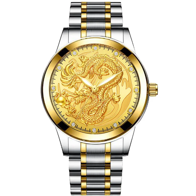 Plieno Juosta Kvarcas Laikrodžio Verslo vyriški Žiūrėti Klasikinis Kinų Stiliaus Reljefinis Aukso Drakonas Žiūrėti