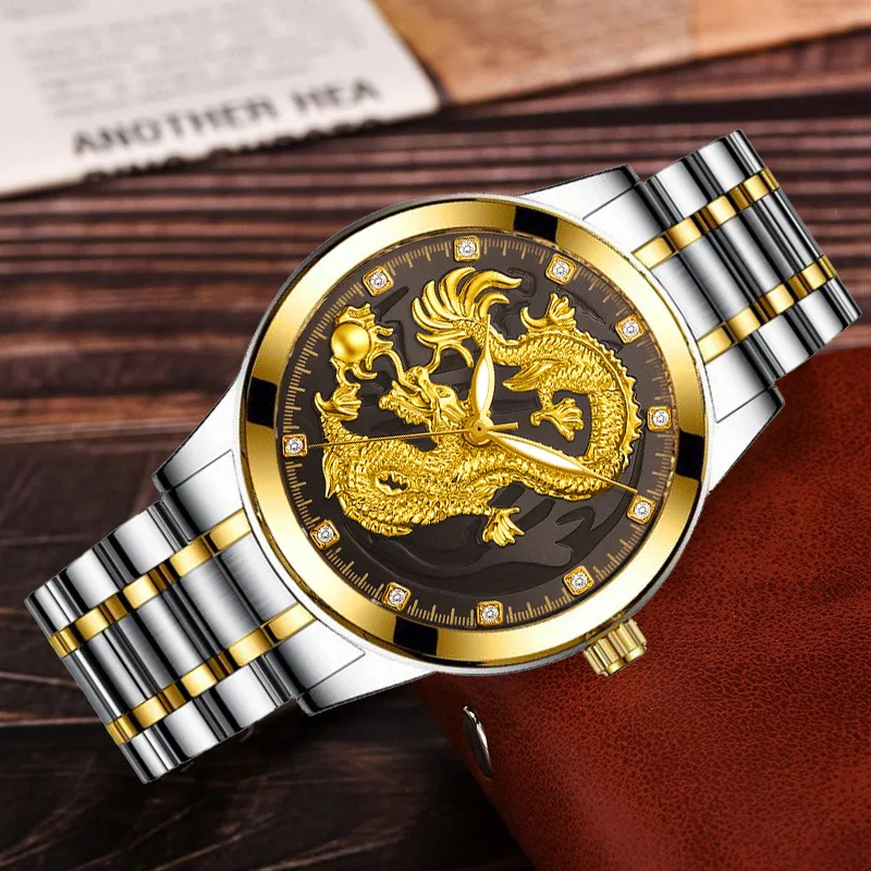 Plieno Juosta Kvarcas Laikrodžio Verslo vyriški Žiūrėti Klasikinis Kinų Stiliaus Reljefinis Aukso Drakonas Žiūrėti
