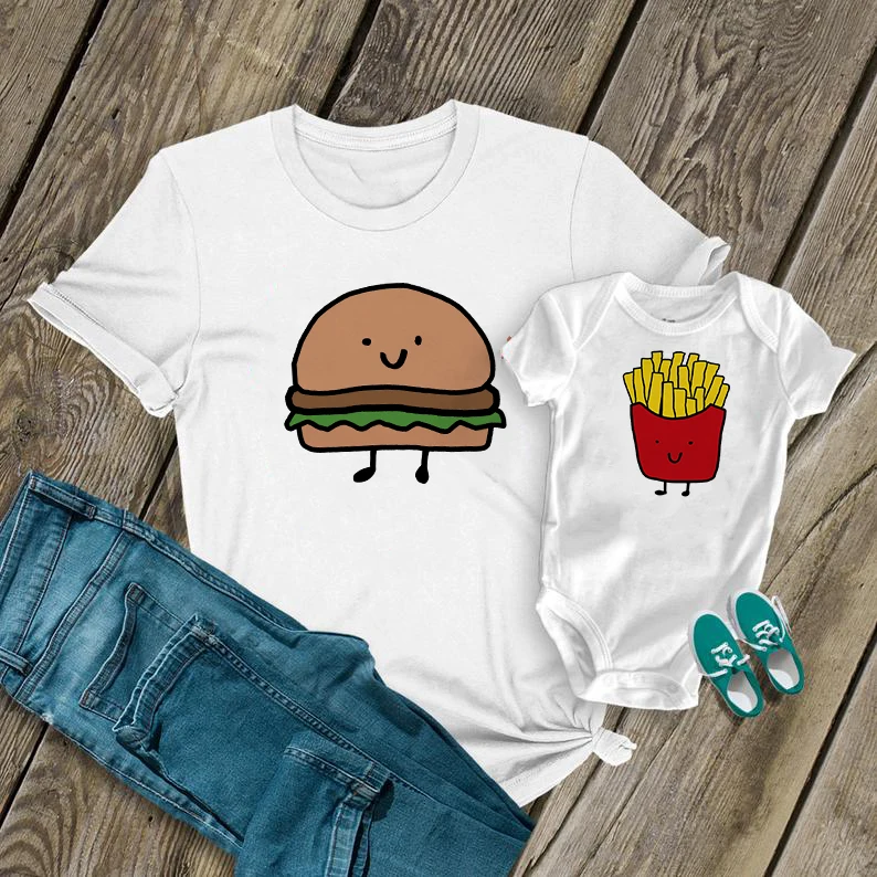 1PC Mama kūdikio derinti drabužius Nauja Mama Marškinėliai puikus derinys Hamburger bulvytės viršūnes Juokinga Mama kūdikio Marškinėliai
