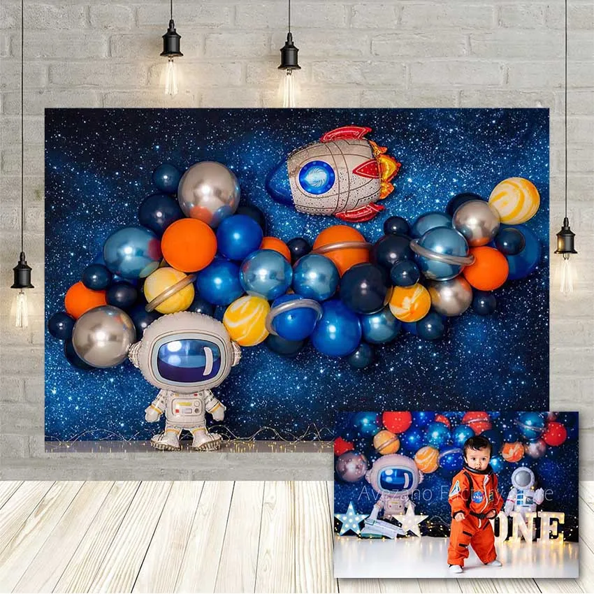 Avezano Fone Fotografijos Kosmosą Astronautas Balionai Berniukas Gimtadienio Dekoro Fone Žvaigždėtas Dangus Photocall Foto Studija Reklama