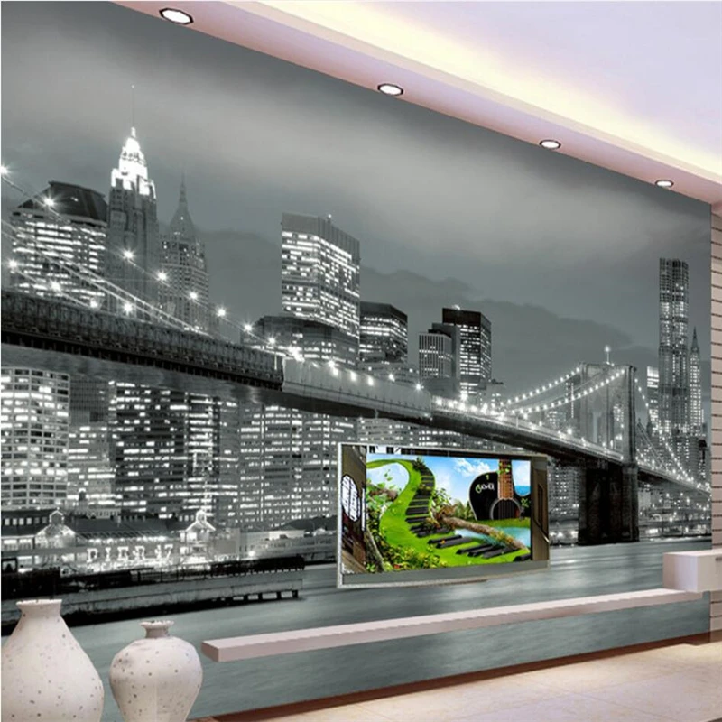 Freskos tėtis peint tapetų sienos, 3 d Pasirinktinį fono paveikslėlį New York Bridge Architektūra Naktį peržiūrėti TV sienų freskomis behang