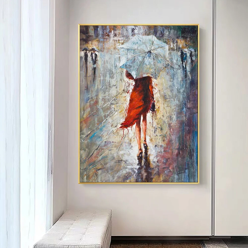 Abstraktus Mergina Vaikščioti Per Lietų Su Skėčiu Rankomis Dažyti Aliejus, Tapyba Ant Drobės Šiuolaikinės Struktūrine Sienos Menas Namų Dekoro