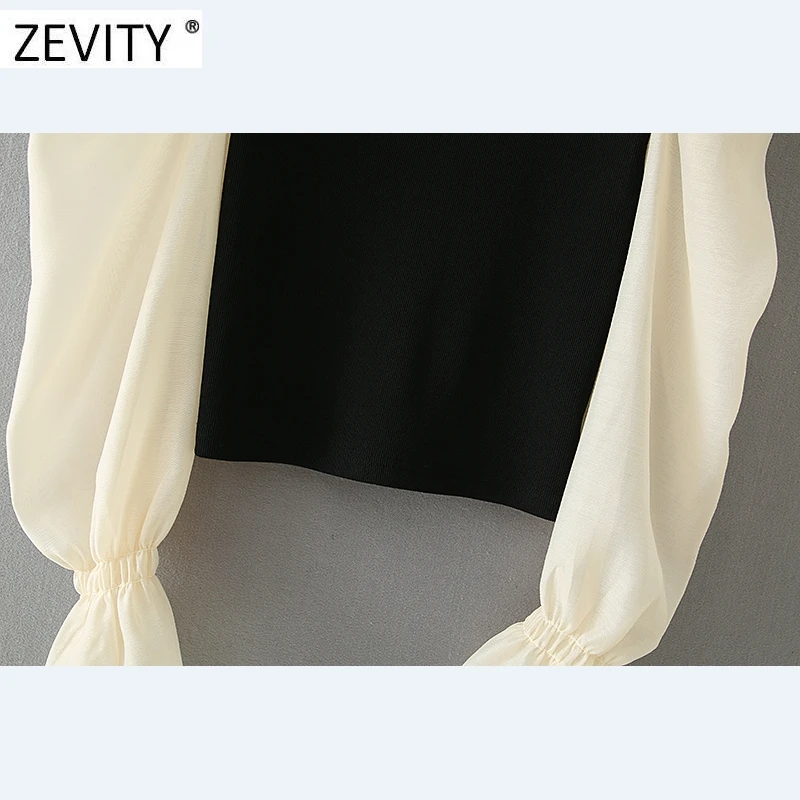 ZEVITY moterų mados klostes sluoksniuotos rankovėmis organza kratinys mezgimo slim marškiniai, palaidinės moterims, o kaklo roupas prašmatnus blusa viršūnes LS7203