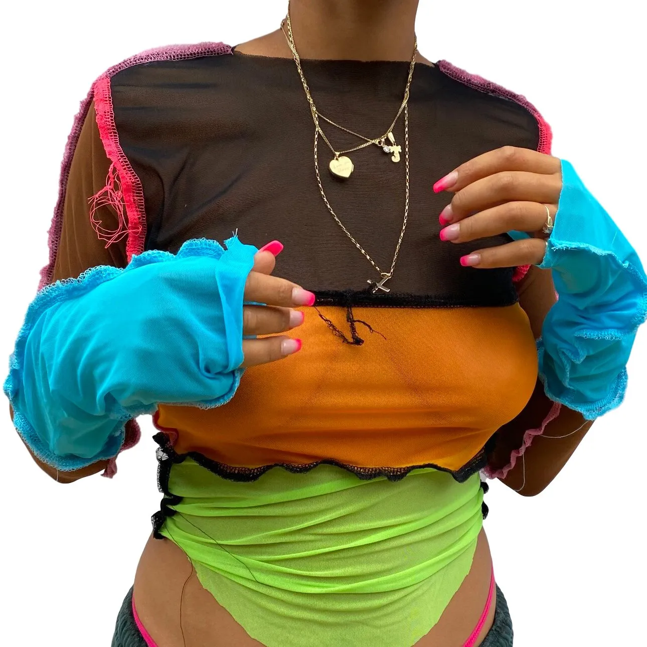 Rudenį Naujų Kratinys Dizainas Akių ilgomis Rankovėmis Pasėlių Viršuje Moterų Punk Stiliaus Žr.-per Sexy marškinėliai Street Laisvalaikio Drabužiai