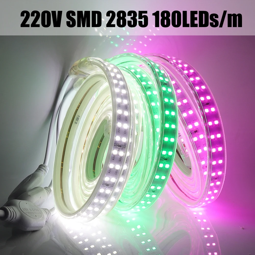 220V LED Juostelės Dimmerable IP67 atsparus Vandeniui Didelio Ryškumo Lanksti LED Šviesos Mėlyna Rožinė Raudona Žalia Balta 2835 LED Šviesos Juostelės