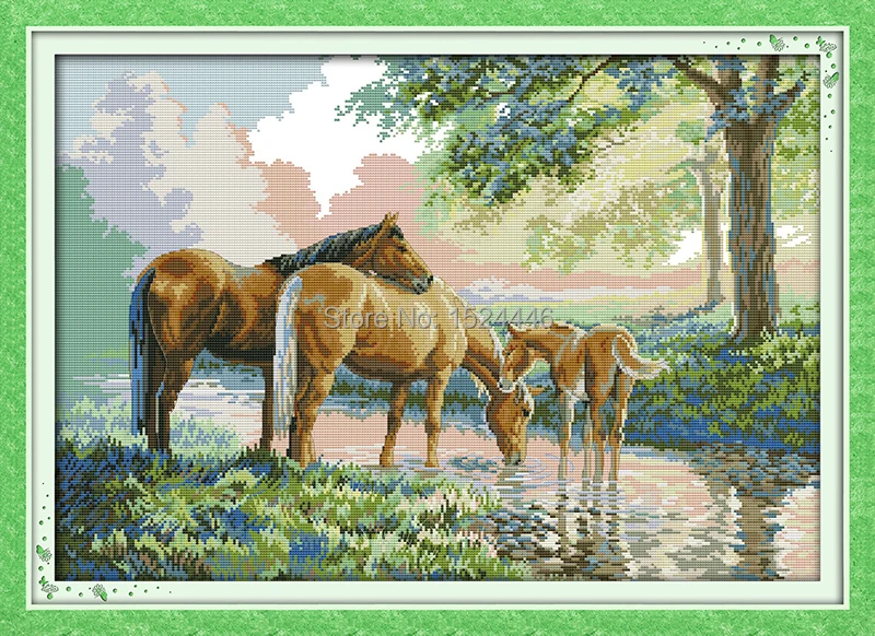 Arklių šeimos miške,Modelis Atspausdinta ant drobės DMC 11CT 14CT Kryželiu rinkiniai,Rankdarbiams Nustatyti, Siuvinėjimo,Gyvūnų Namų Dekoro