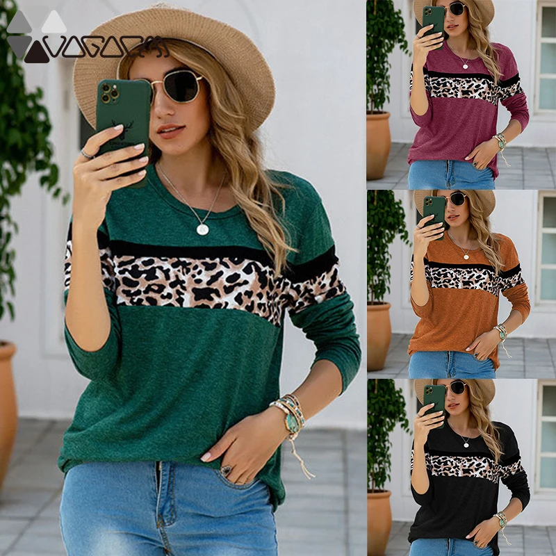 2020 m., Moterų Ilgas Rankovėmis Marškinėliai Leopard Viršų O-kaklo Viršūnes Tee Rudenį Prarasti Tee Marškinėliai Moteriška Mada Viršuje Lady Streetwear Ropa Mujer
