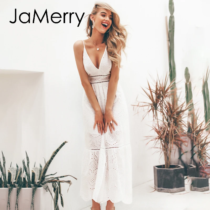 JaMerry Boho siuvinėjimo baltos seksualus nėriniai moterų summer maxi dress Spageti dirželis medvilnės suknelės Atostogų šalis ilgai vestidos 2019