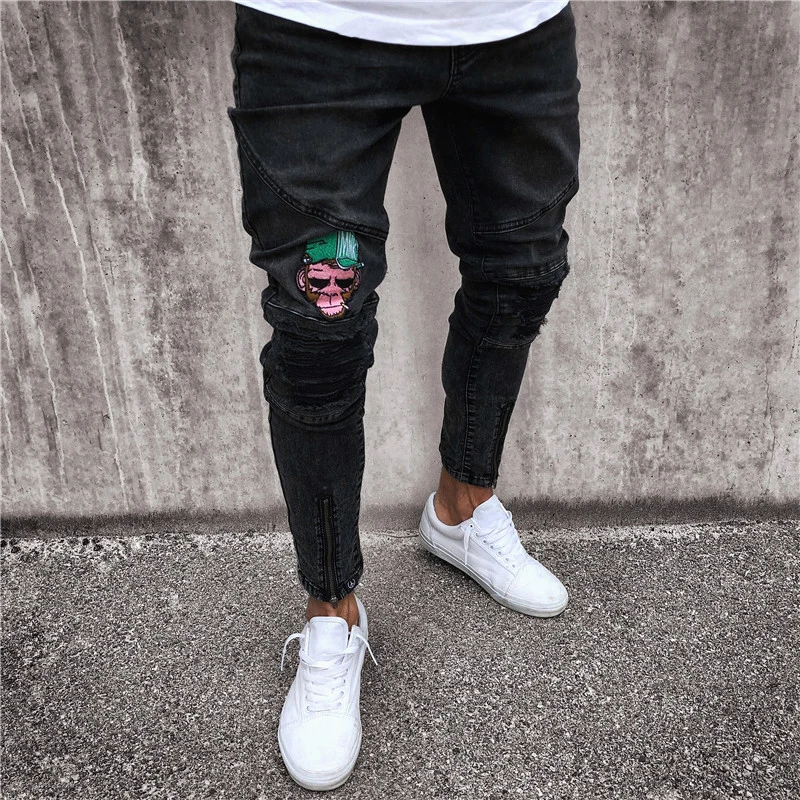 KARŠTO 2019 atsitiktinis vyrų liesas džinsus Hip-hop siuvinėti džinsai aukštos kokybės