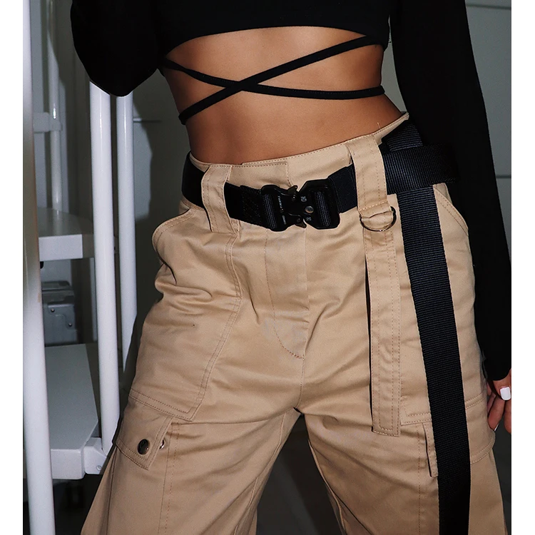 Streetwear Krovinių Kelnės su Diržo Sagtis Moterų Atsitiktinis Poilsiu Juoda Chaki Amy Žalia Ponios Capri Aukštos Juosmens, Palaidi Moterų Kelnės