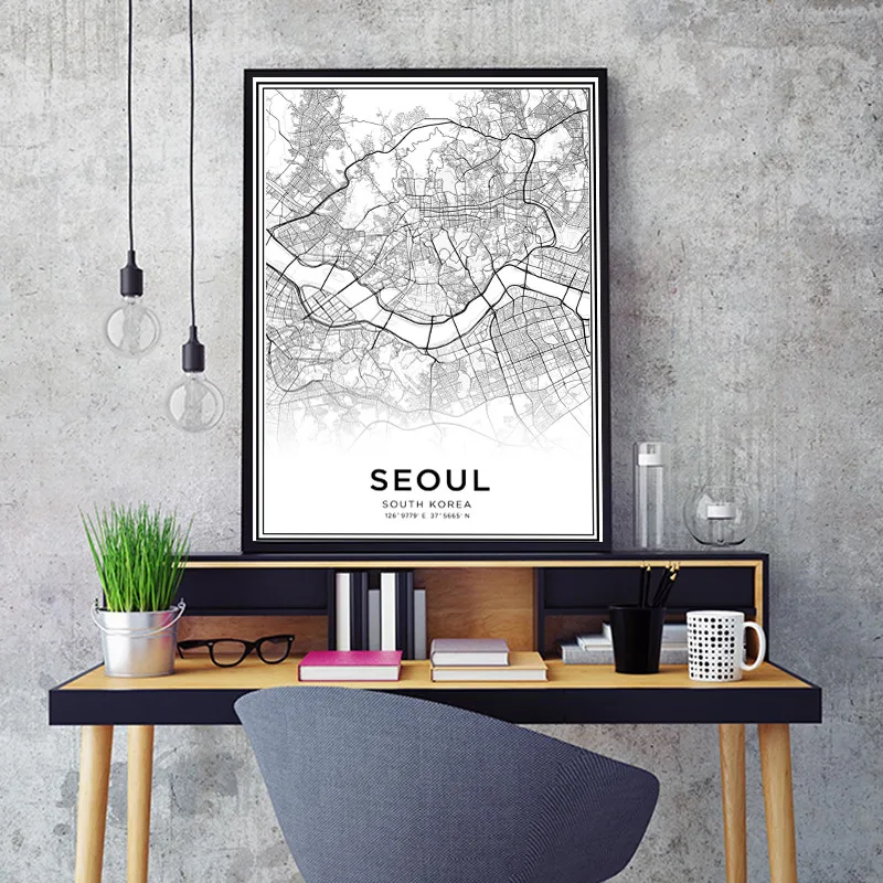 Modernus Juodai Baltas Žemėlapis Platuma, Ilguma Seulas Miesto Plakatas HD Spausdinti Pietų Korėja Kelionės Sienos Meno Tapybos Drobės
