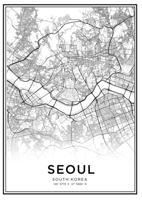 Modernus Juodai Baltas Žemėlapis Platuma, Ilguma Seulas Miesto Plakatas HD Spausdinti Pietų Korėja Kelionės Sienos Meno Tapybos Drobės