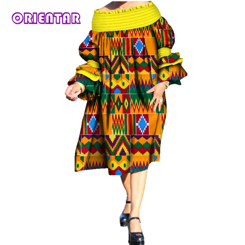 Ilgomis Rankovėmis Afrikos Suknelės Moterims Afrikos Vaškas Spausdinti heidi bazin Riche Velniop Kaklo Ankara Suknelė Suknelė Didelis Dydis Midi Suknelė WY3661