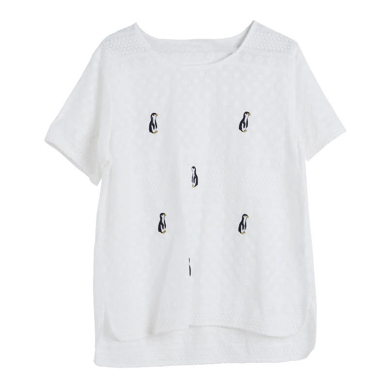 Naujas Atvykimo Vasaros Korėja Mados Moterų trumpomis Rankovėmis Laisvi marškinėliai Viskas suderinta Atsitiktinis Siuvinėjimas Medvilnės Marškinėliai Femme Viršūnes S970