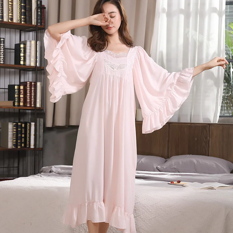 Vintage Baltas Rožinis Mėlynas Nėrinių Medvilnės Trimitas Rankovėmis Nightdress Moterų Sleepwear Homewear Pavasarį, Vasarą, Rudenį Nightgowns