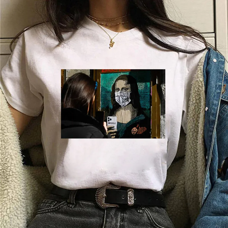 Klaidingą Mona Lisa Kaukė Moterų Marškinėliai Mergina Asmenybės Harajuku Mados Estetika Trumpas Rankovės Baltos Viršūnės Moterų Drabužius,Lašas Laivas