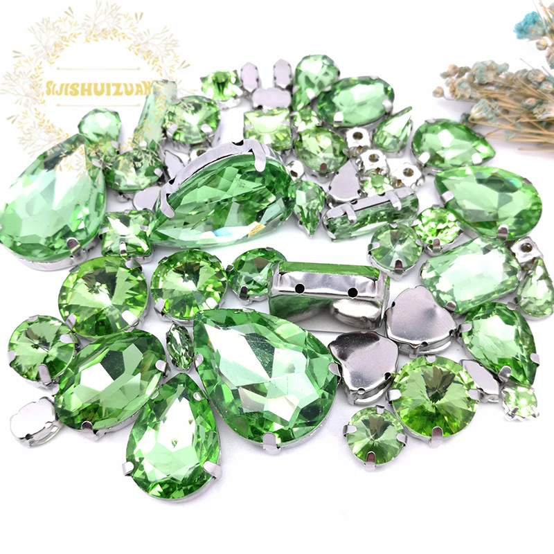 58pcs 10shapes 25sizes Sumaišykite Šviesiai žalia formos ir dydžių Stiklo Kristalų, cirkonio sidabriškai apačios 