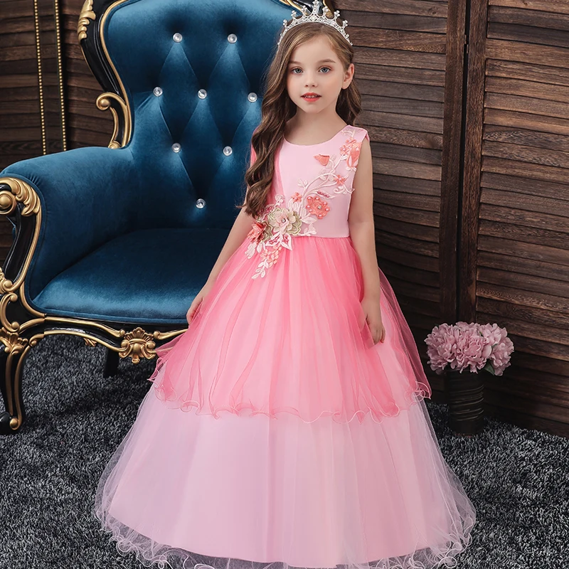 Gėlių vaikų vestuves Bridesmaid, vaikas ilgai siuvinėta suknelė mergaitė Princesė Festivalis šalis kamuolys bendrystės oficialų suknelė