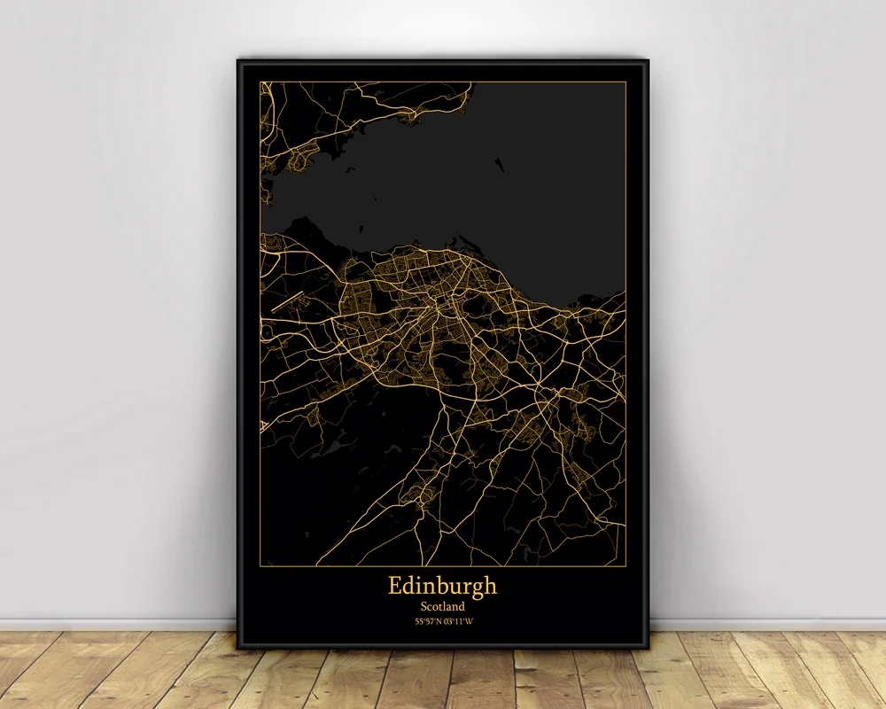 Edinburge, Škotijoje Black&Gold Miesto Šviesos Žemėlapiai Užsakymą Pasaulio Miesto Žemėlapį, Plakatai, Drobė Spausdina Šiaurės Stiliaus Sienos Menas Namų Dekoro