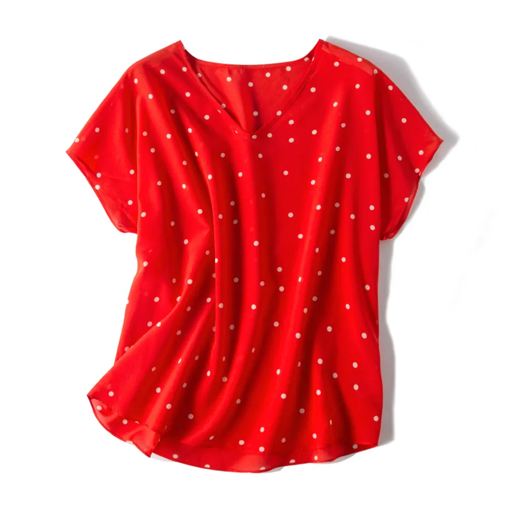 Silviye Temperamentas V-kaklo Polka Dot šilko trumpomis rankovėmis T-shirt moterų mulberry šilko universalus Mados Viršuje, žemiausią marškinėliai