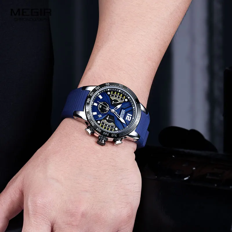 MEGIR Vyrų Sporto Kvarciniai Laikrodžiai Silikono Juosta atspari Vandeniui Šviesos Chronograph Laikrodis Vyras Relogios Masculino Laikrodis 2106 Mėlyna