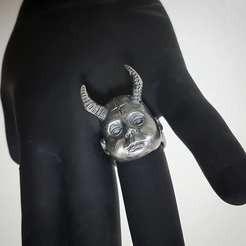 Kietas Mens 316L Nerūdijančio Plieno Žiedas Horned Demonas Kūdikių Žiedas Pagoniškų Kryžių Šėtono Velnio Punk Dviratininkas Žiedai, Moterų, Vyrų Papuošalai
