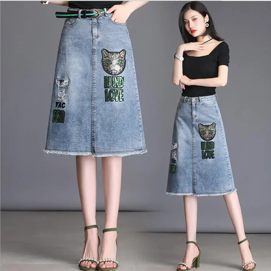 Vasarą naujos mados džinsinio džinsus, Sijonus atsitiktinis aukšto juosmens katė kratinys kišenėje linijos kelio ilgis džinsai sijonas plius dydis 4XL