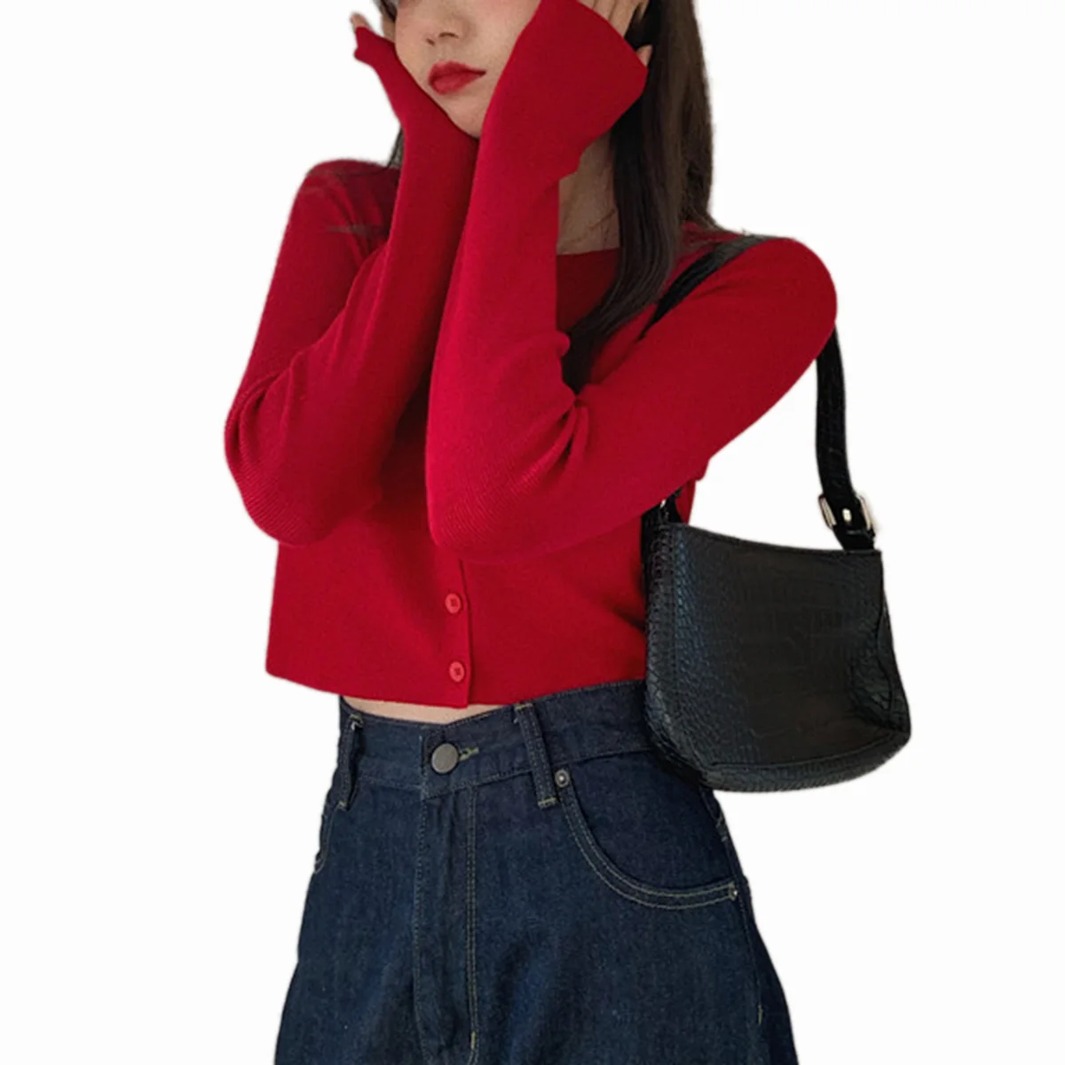 Meihuida 2020 m. Moteris Seksuali Viršūnes Mados vientisos spalvos Mygtukai Uo Slim Fit Atsitiktinis Marškinėliai ilgomis rankovėmis Megztinis Apkarpyti viršūnes Streetwear